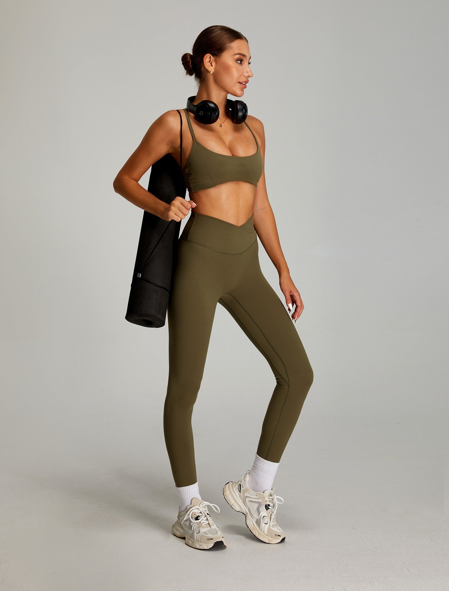High Waisted Yoga Pants Crossed V Waist Leggings Army Green