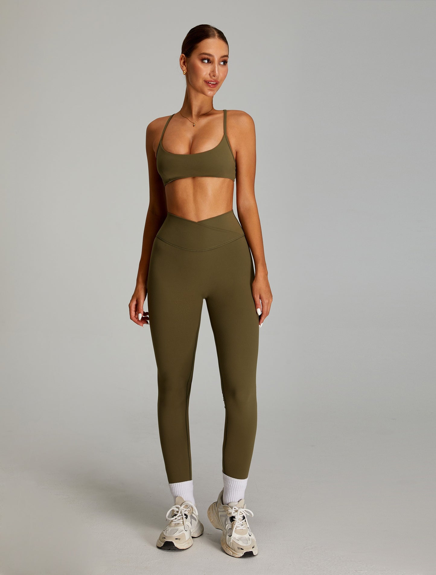 High Waisted Yoga Pants Crossed V Waist Leggings Army Green
