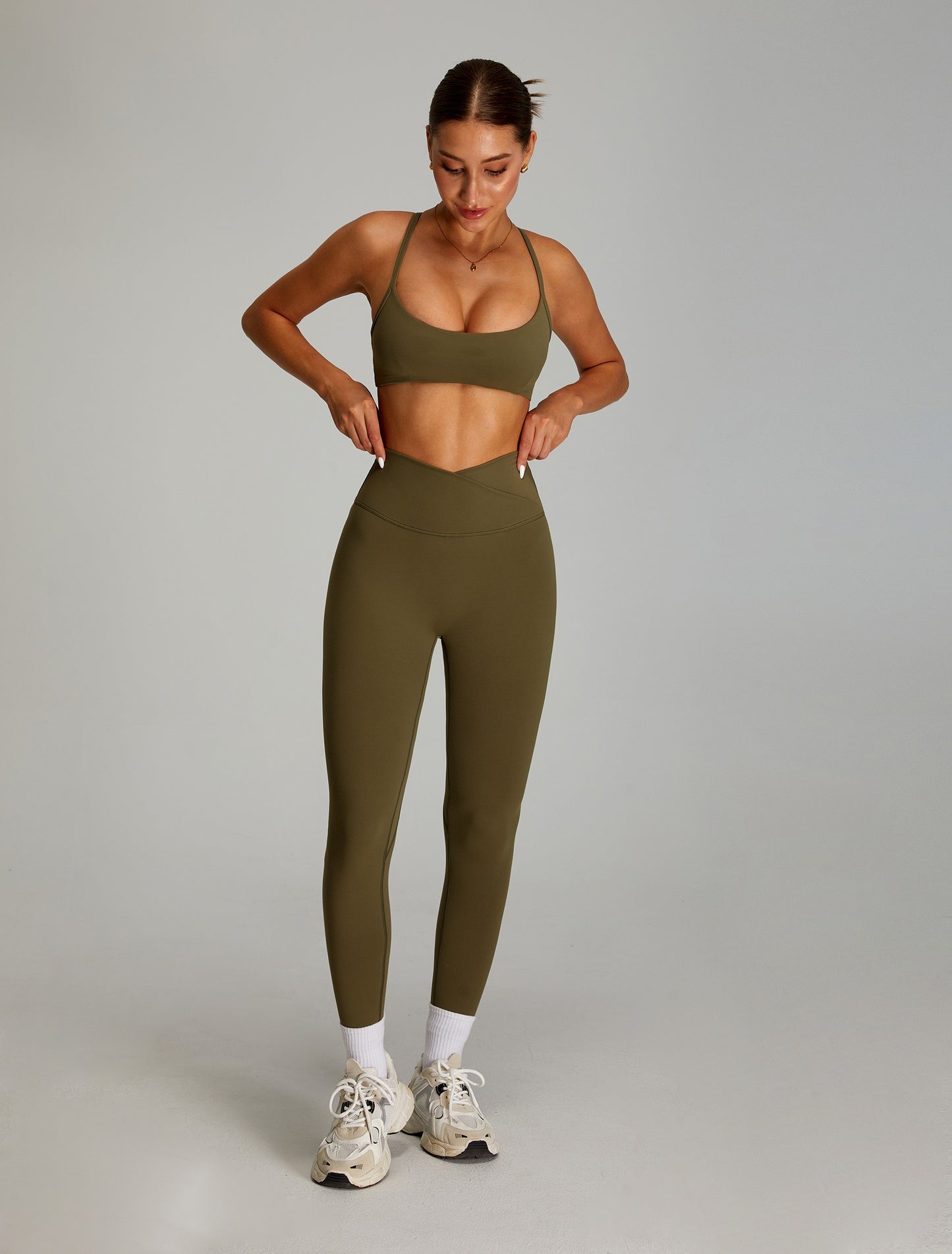 High Waisted Yoga Pants Crossed V Waist Leggings Army Green