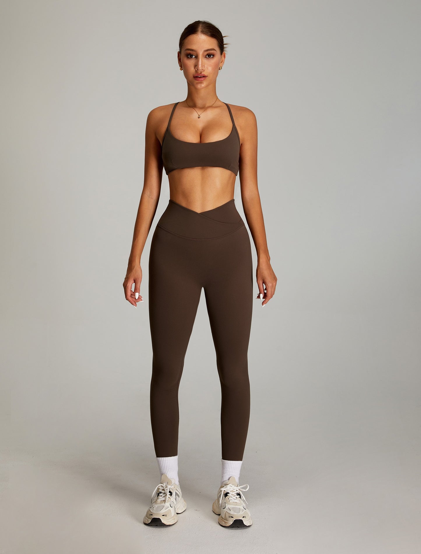 High Waisted Yoga Pants Crossed V Waist Leggings Dark Brown