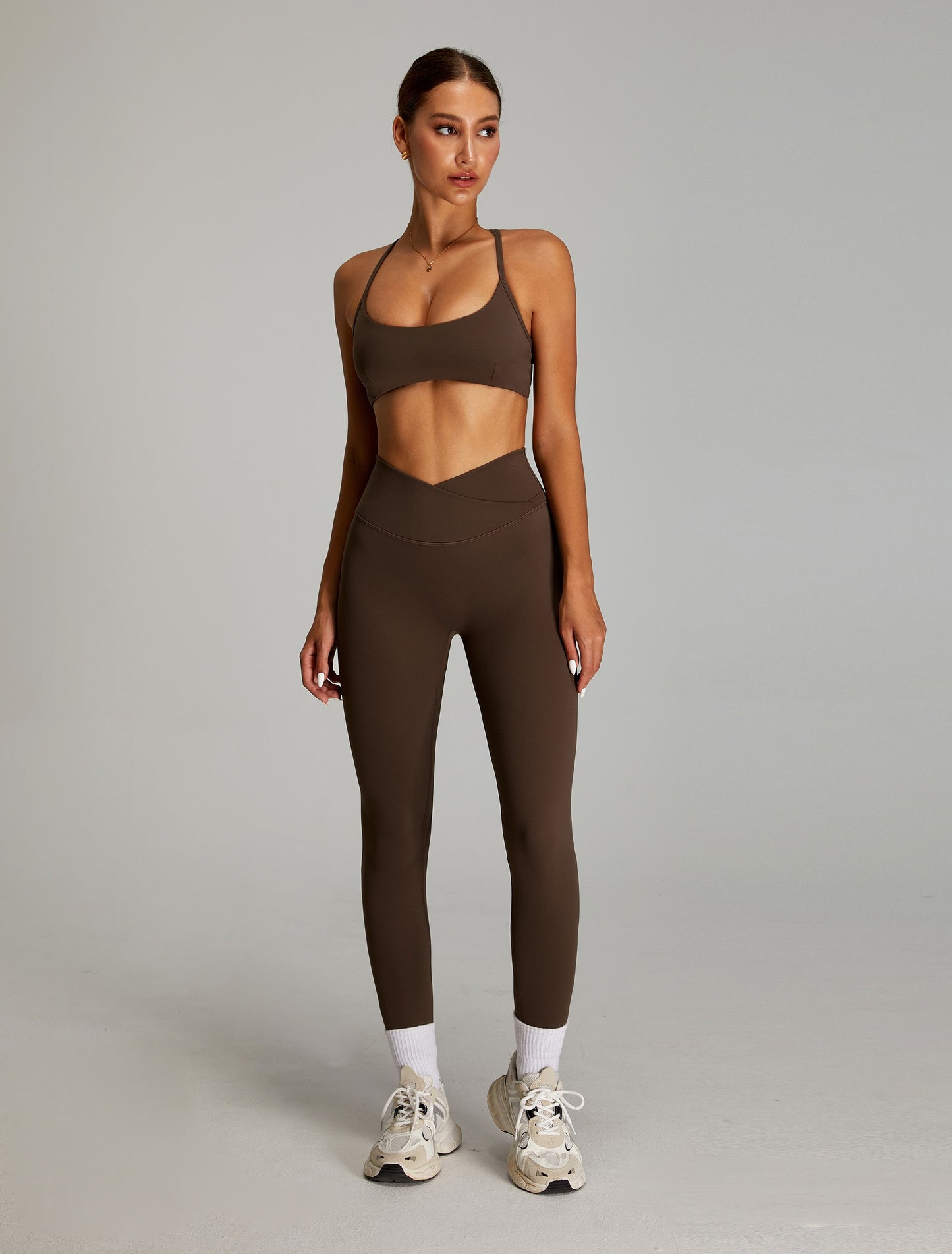 High Waisted Yoga Pants Crossed V Waist Leggings Dark Brown