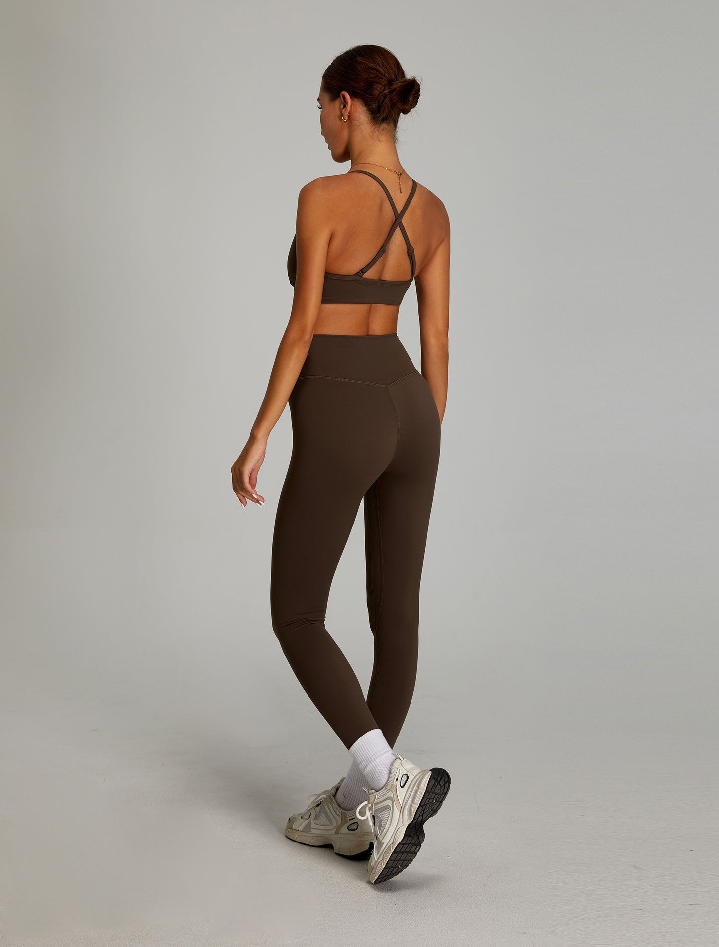 High Waisted Yoga Pants Crossed V Waist Leggings Dark Brown