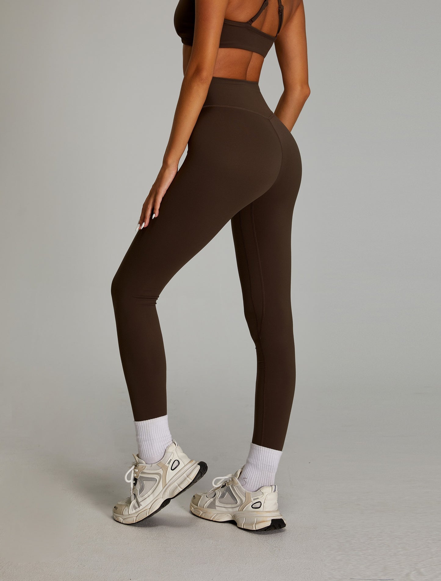 High Waisted Yoga Pants Crossed V Waist Leggings Dark Brown