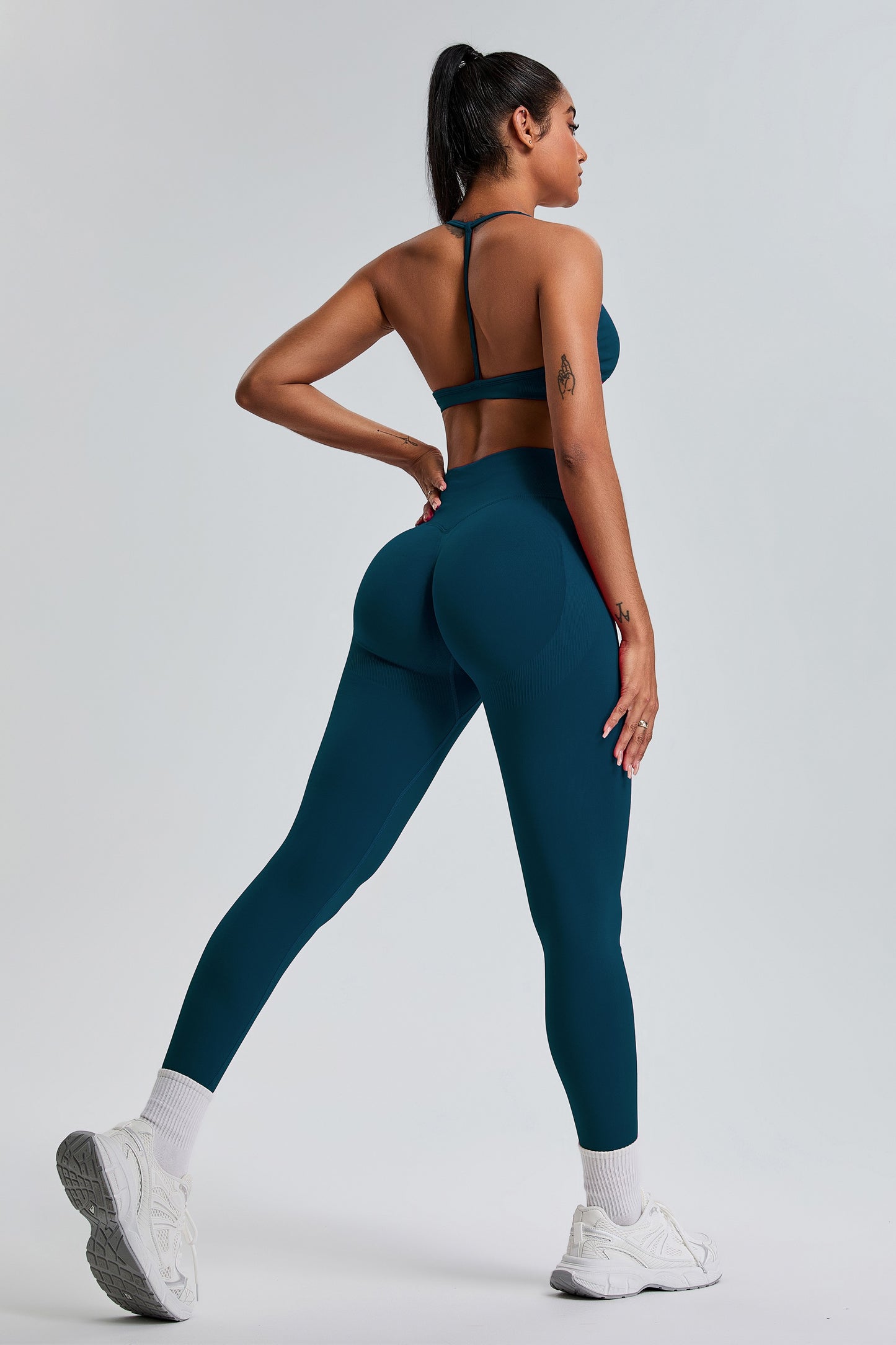 Sexy Seamless Sports Bras T-Shaped Back Hip Lifting Leggings Sets Dark Blue