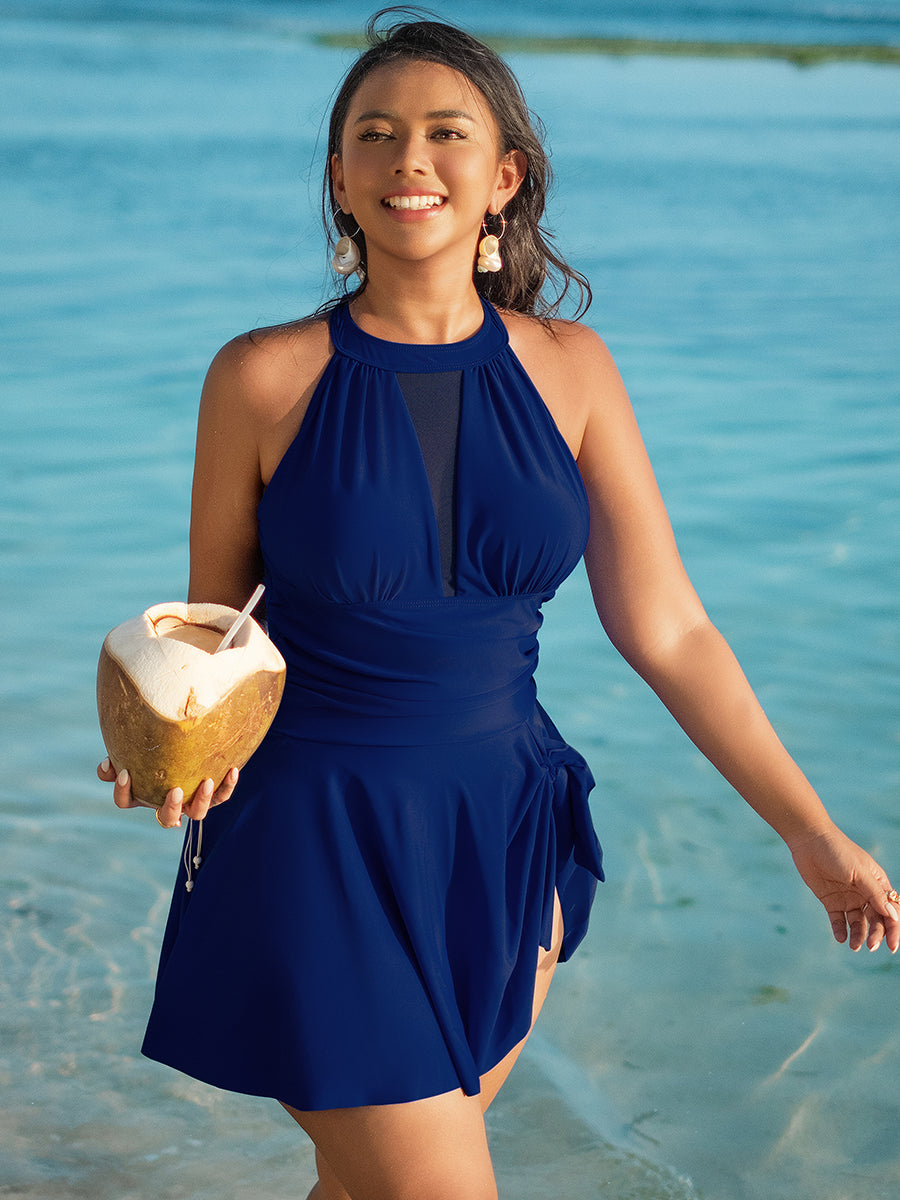 Fashion Large Size One-piece Swimsuit Skirt Dark Blue