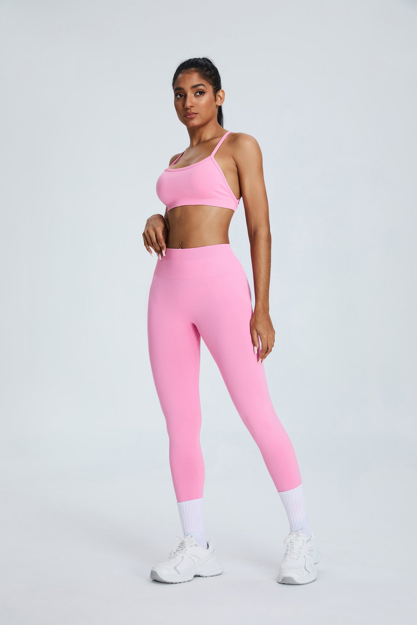 Seamless Cross Back Bras And Leggings Sets Pink