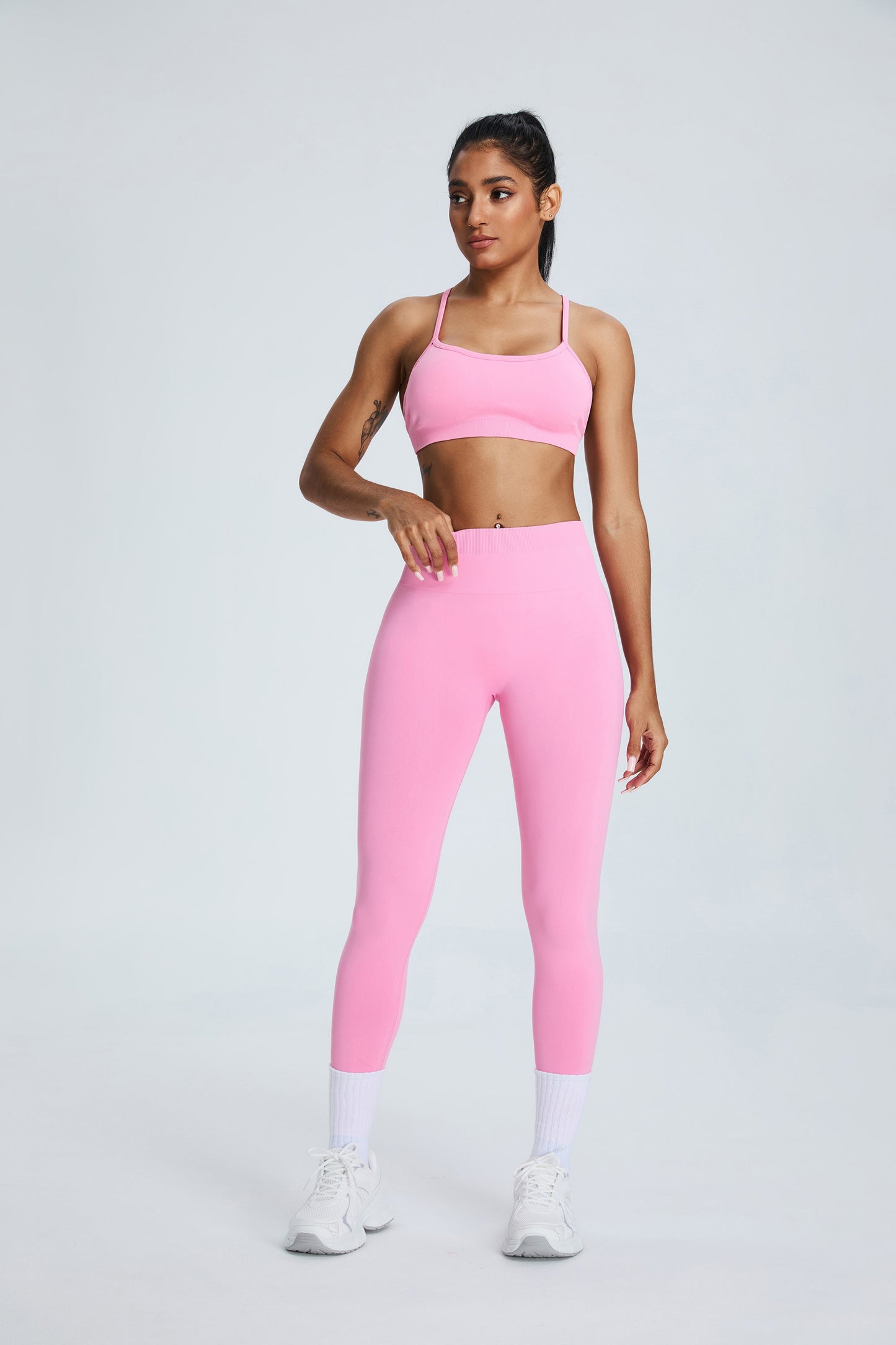 Seamless Cross Back Bras And Leggings Sets Pink