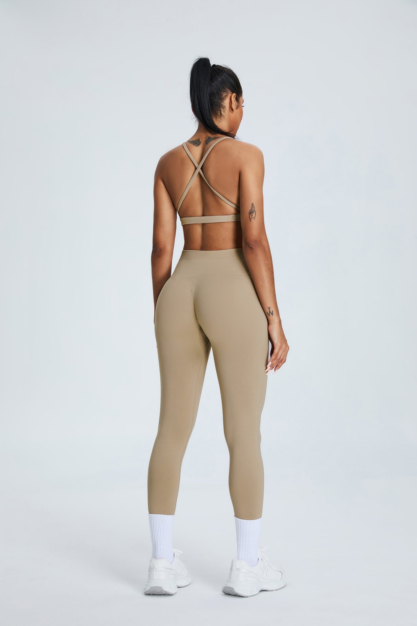 Seamless Cross Back Bras And Leggings Sets Coffee