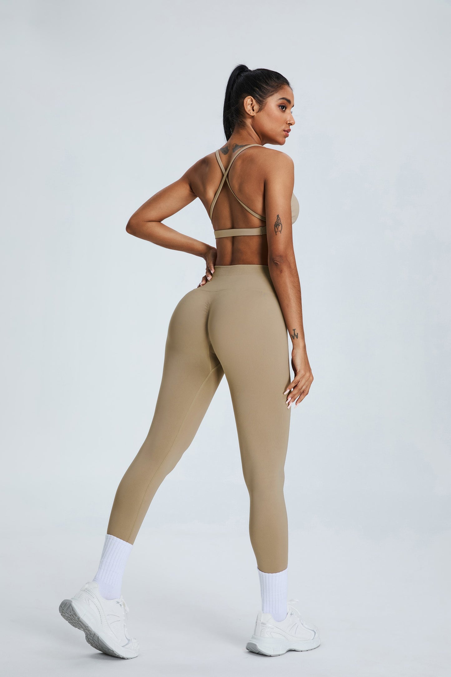 Seamless Cross Back Bras And Leggings Sets Coffee