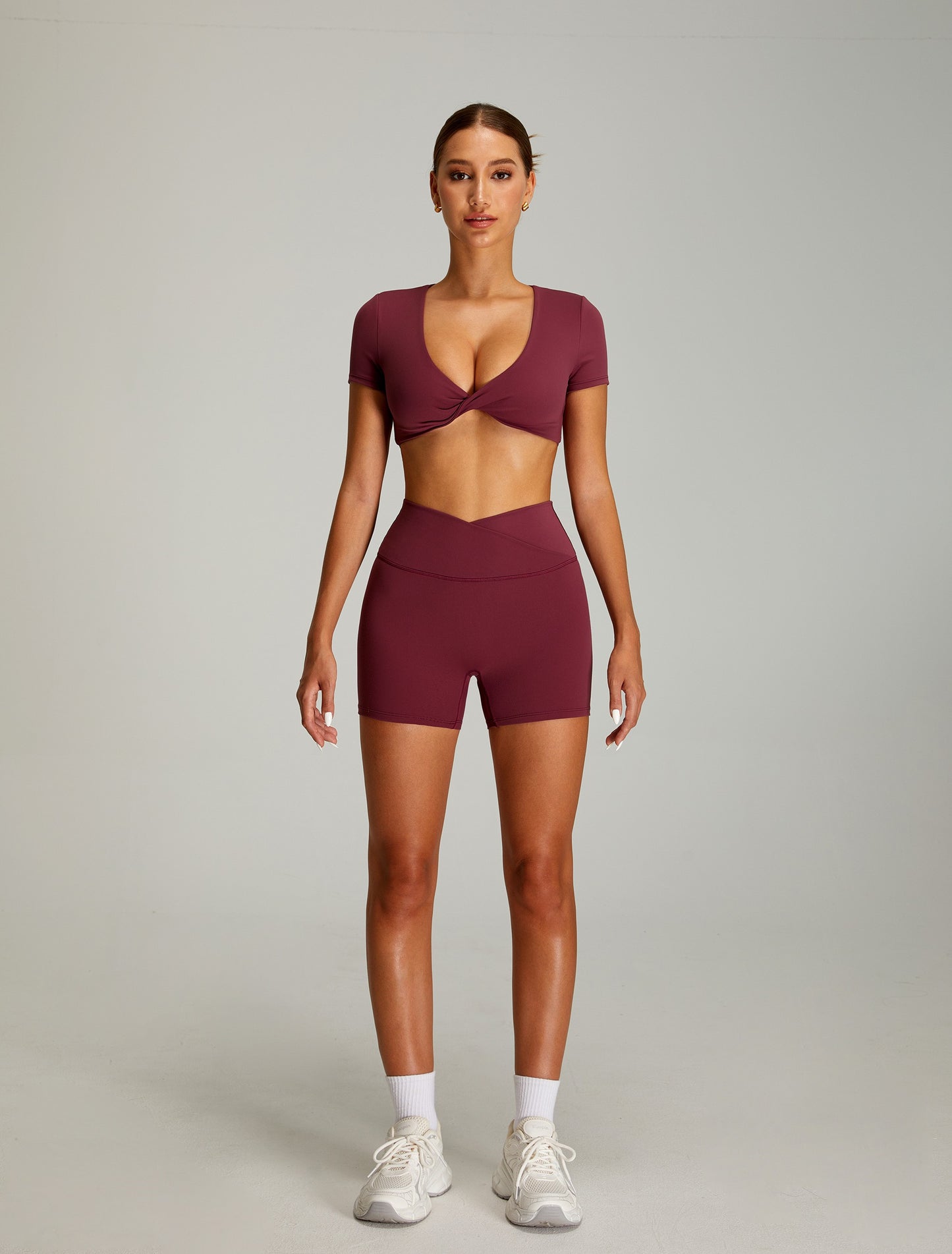Short Sleeve Twist Crop Wine Red