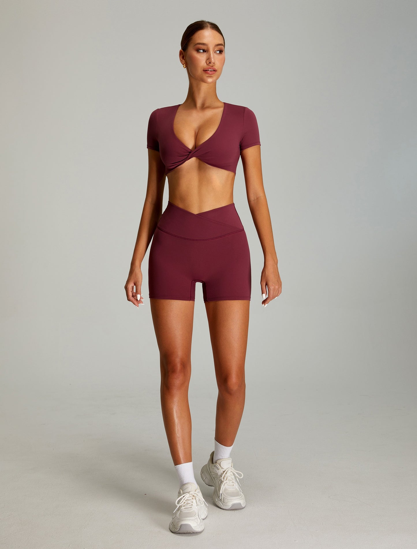 Short Sleeve Twist Crop Fitness Shorts Crossed Waist Sports Shorts Sets Wine Red