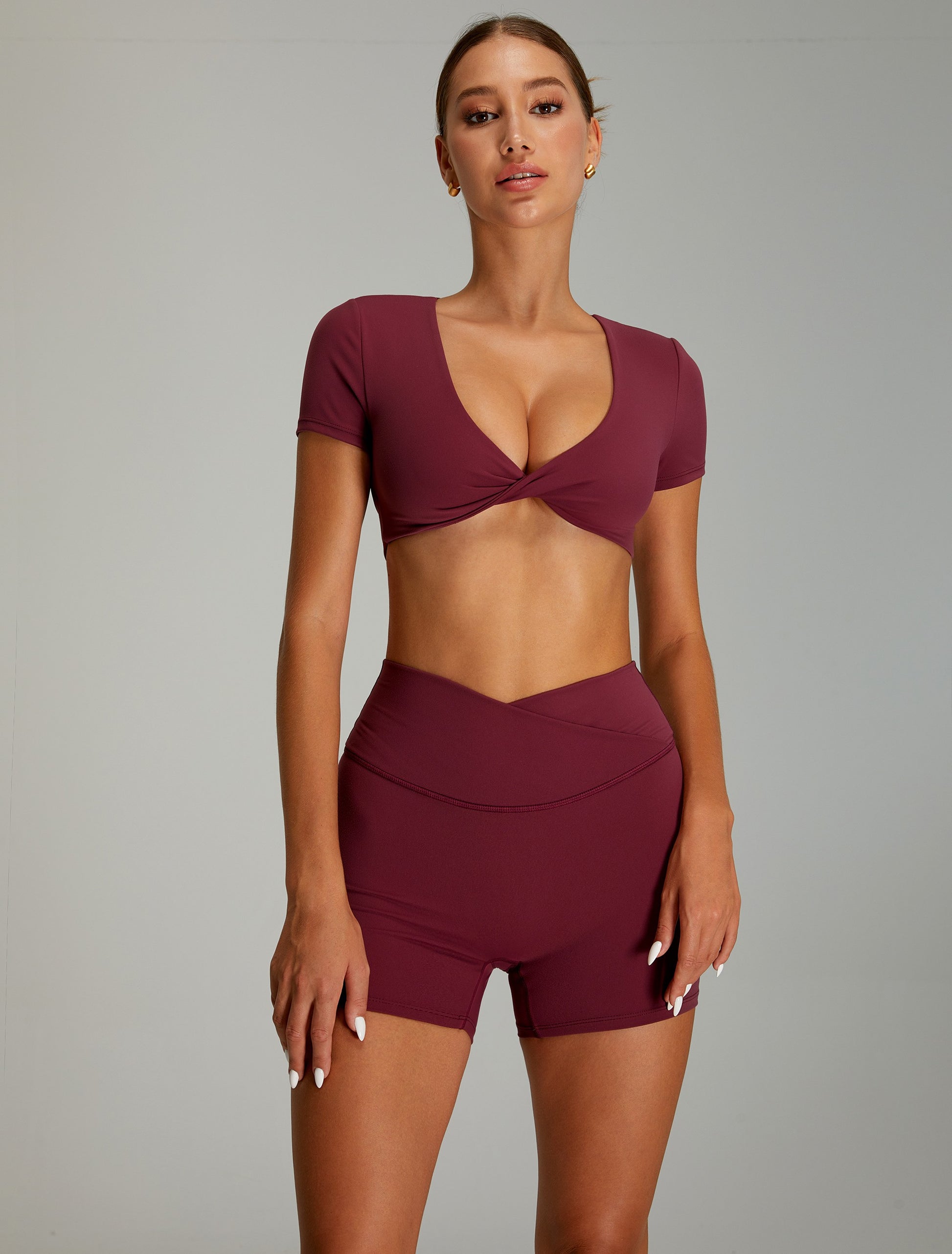 Short Sleeve Twist Crop Wine Red