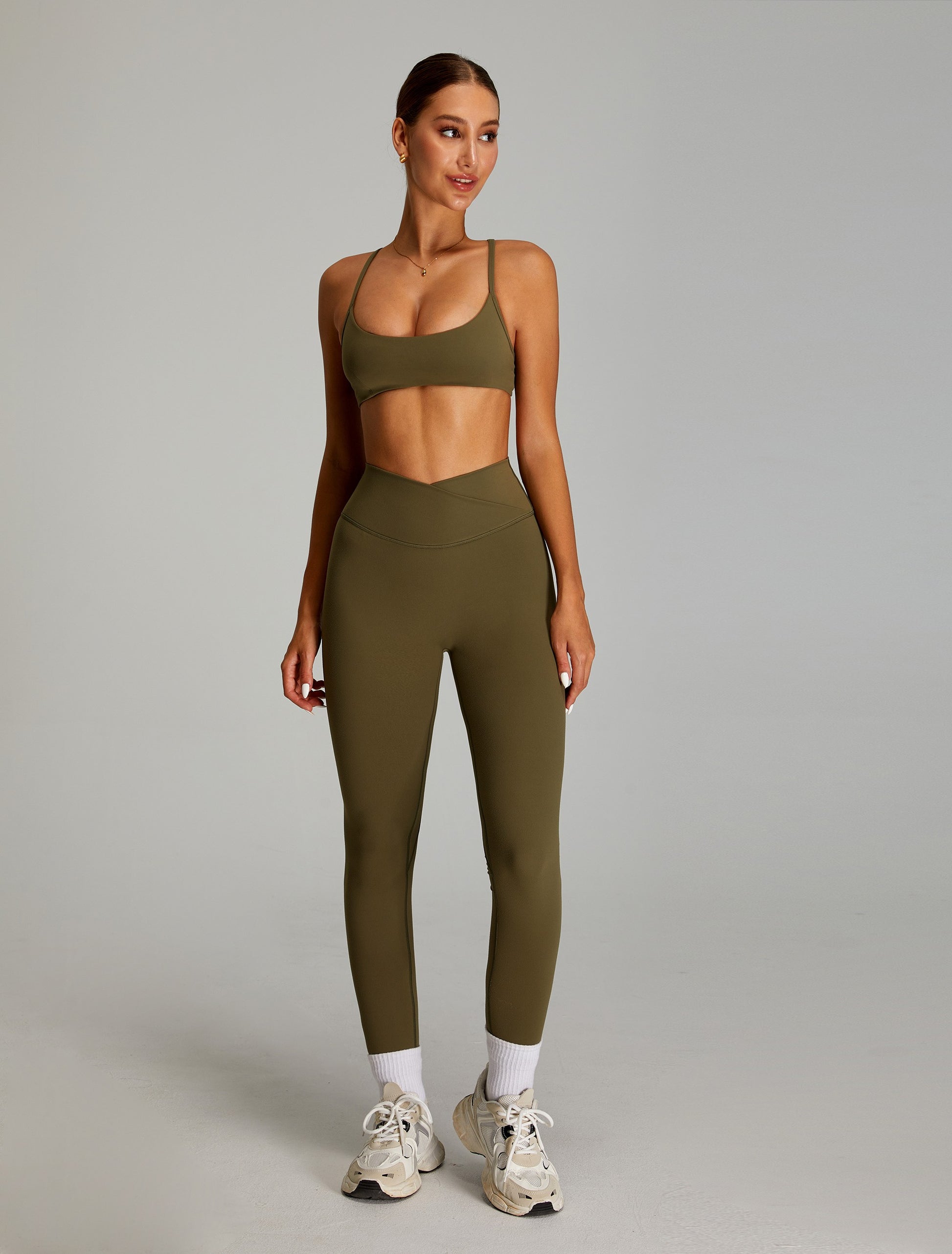 High Waisted Yoga Pants Crossed V Waist Leggings Army Green