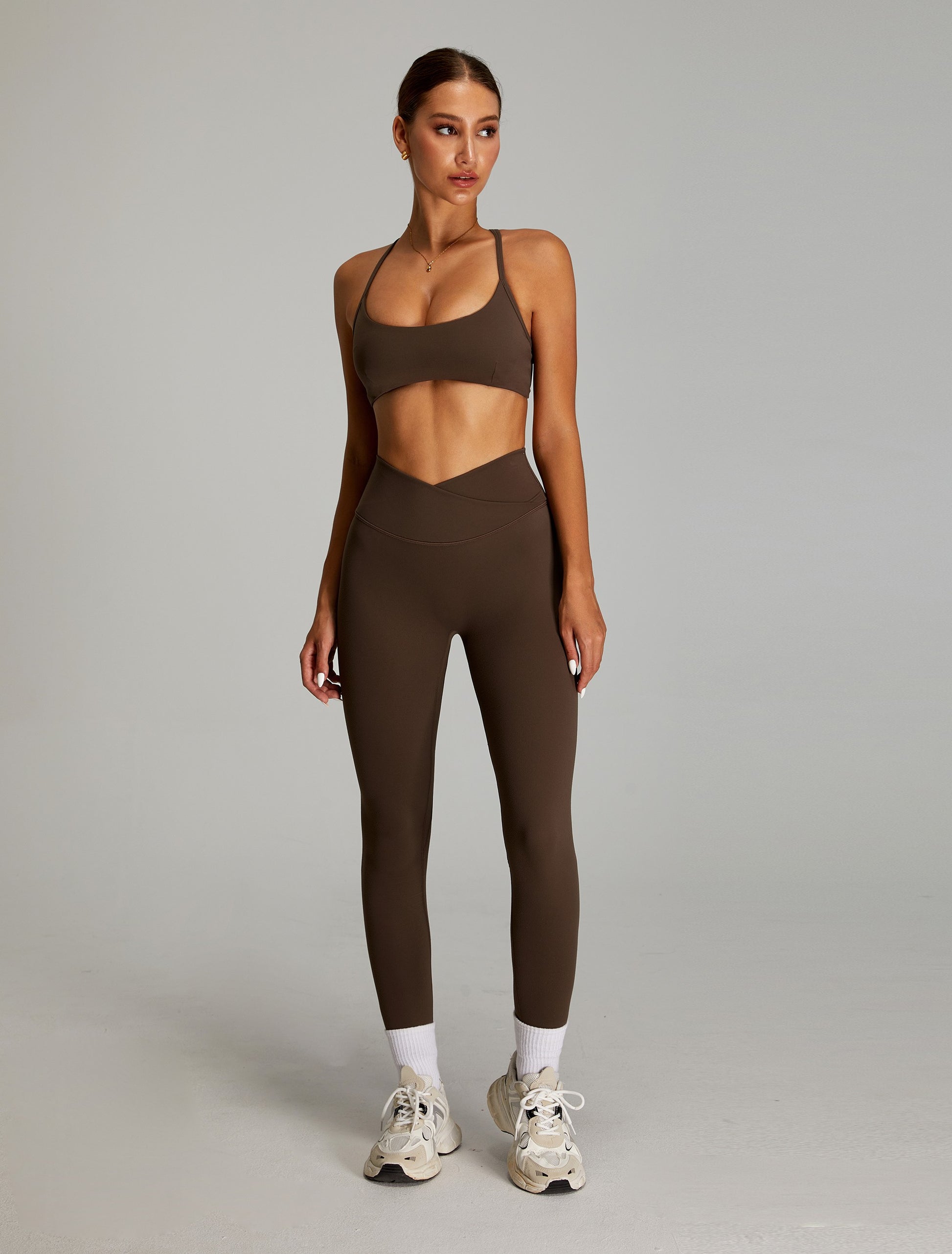 High Waisted Yoga Pants Crossed V Waist Leggings Dark Brown