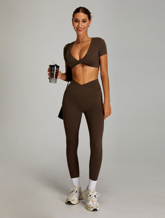Crossed V Waist Leggings Short Sleeve Twist Crop Sets Dark Brown