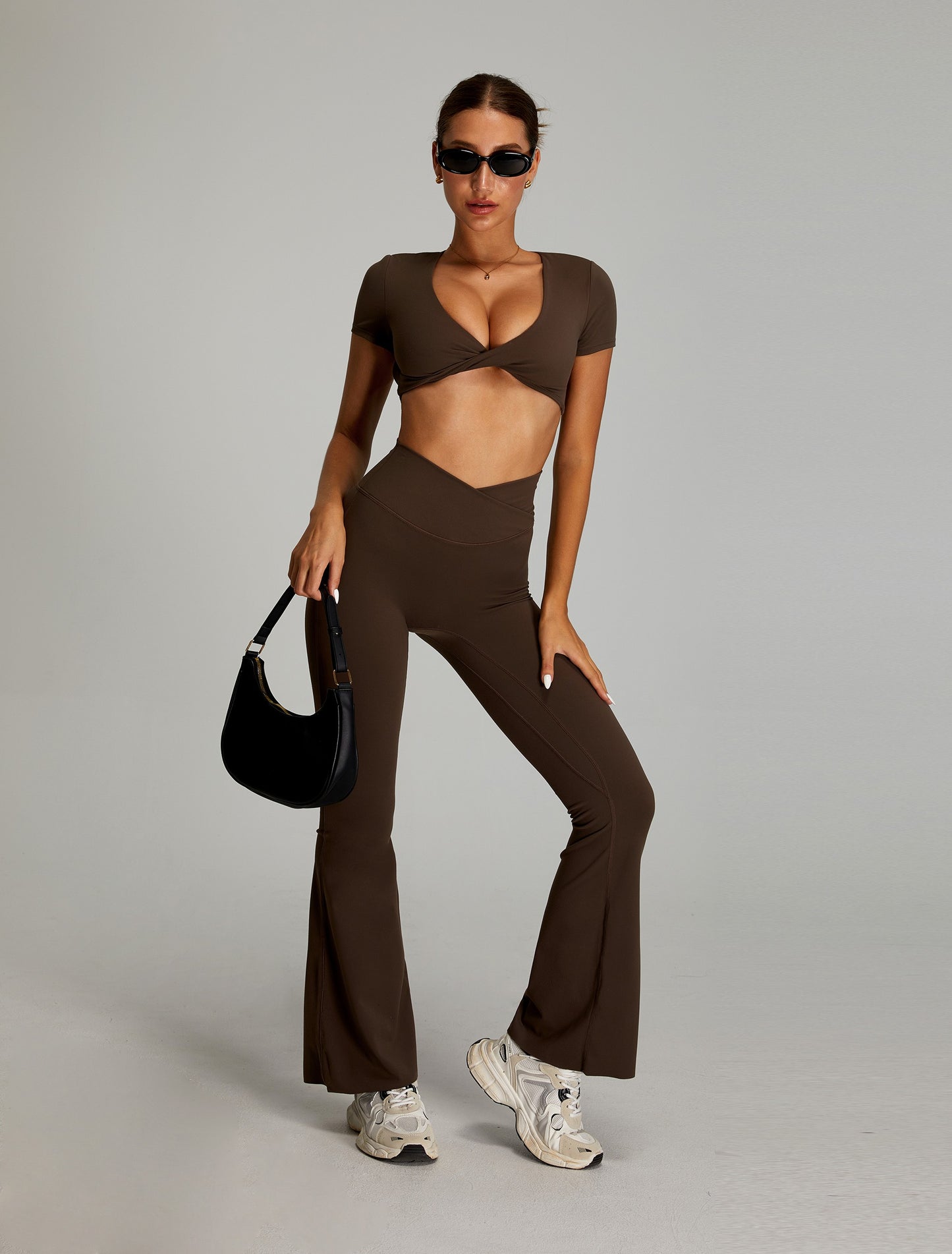 Crossed V Waist Flared Pants Dark Brown