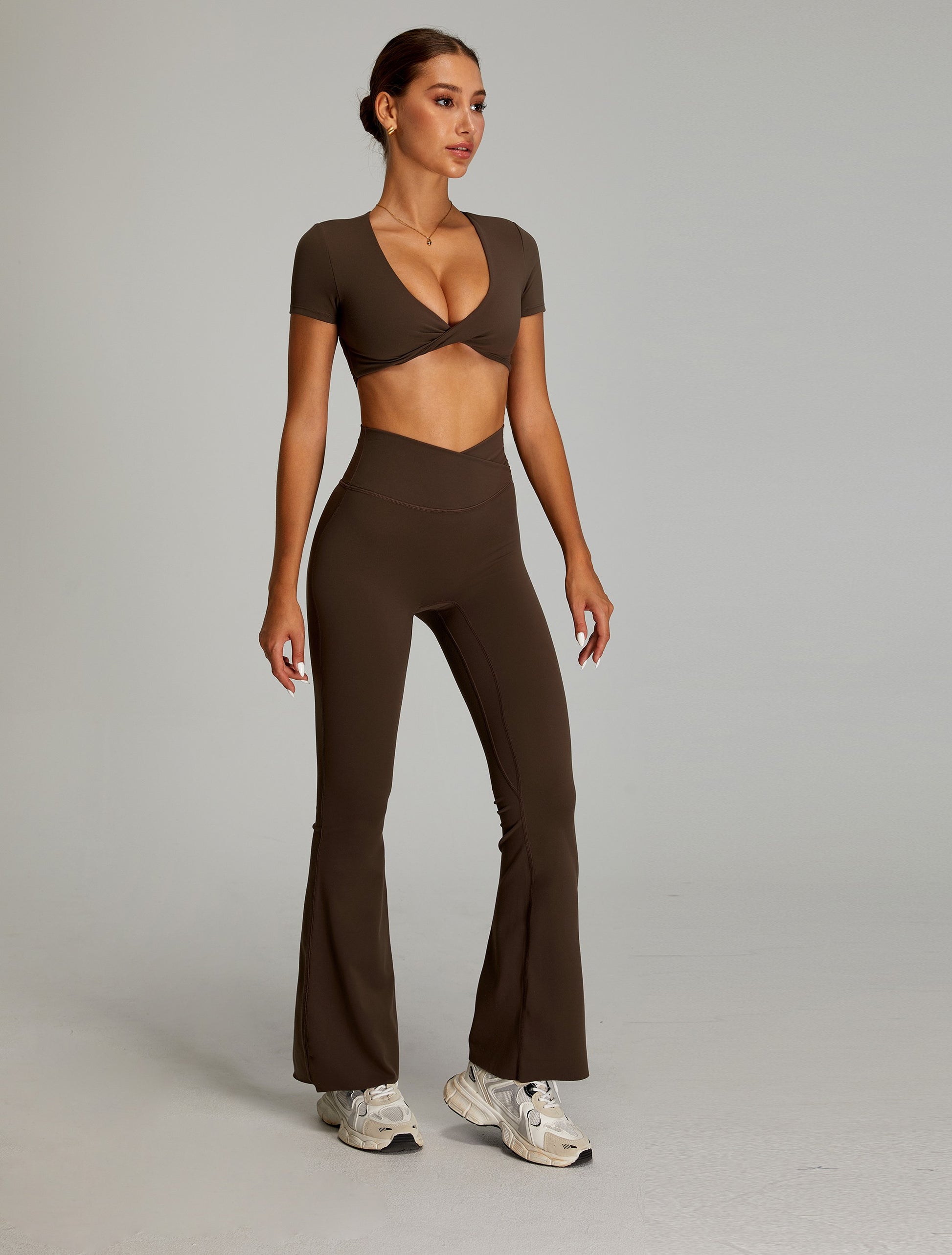 Crossed V Waist Flared Pants Dark Brown