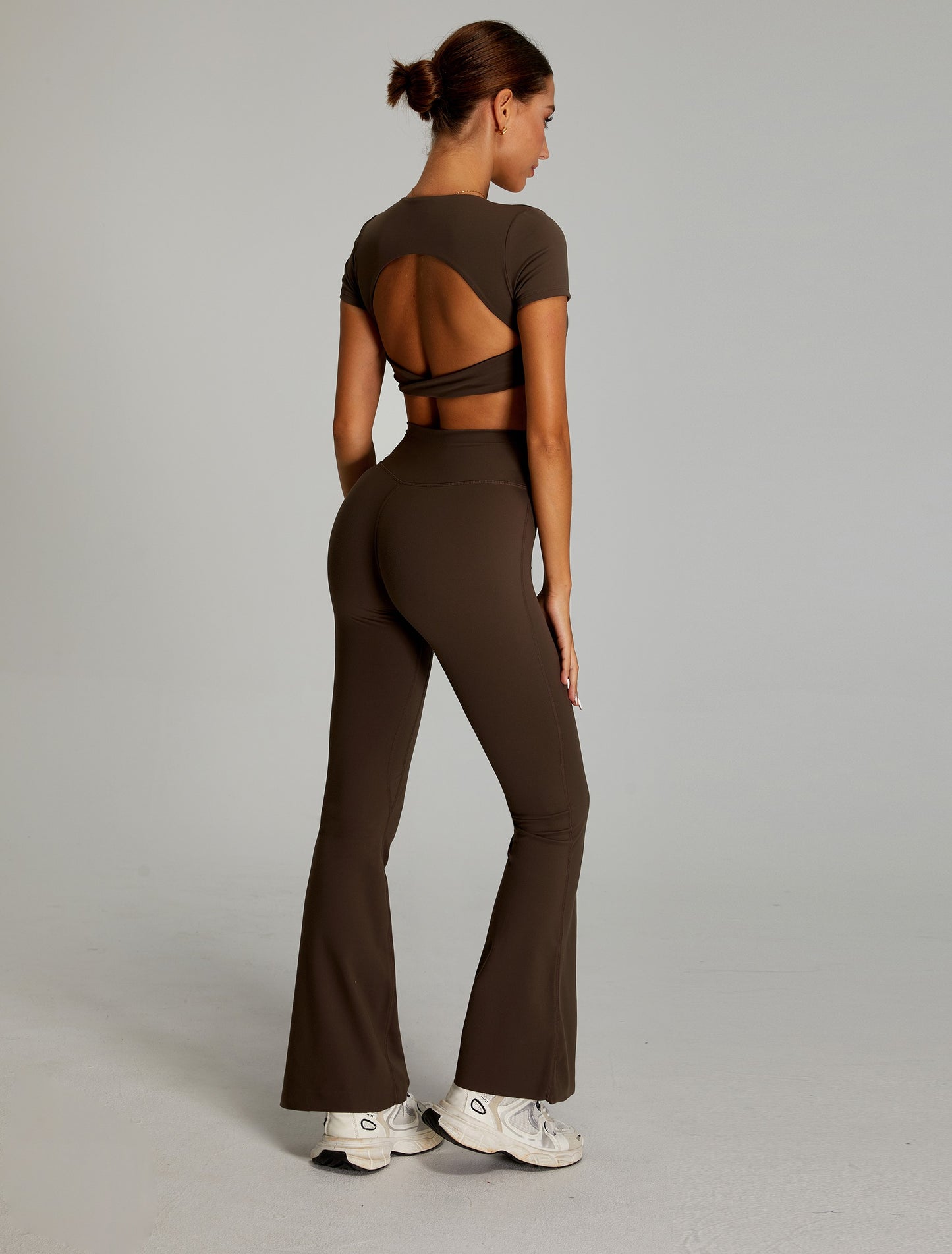 Crossed V Waist Flared Pants Dark Brown