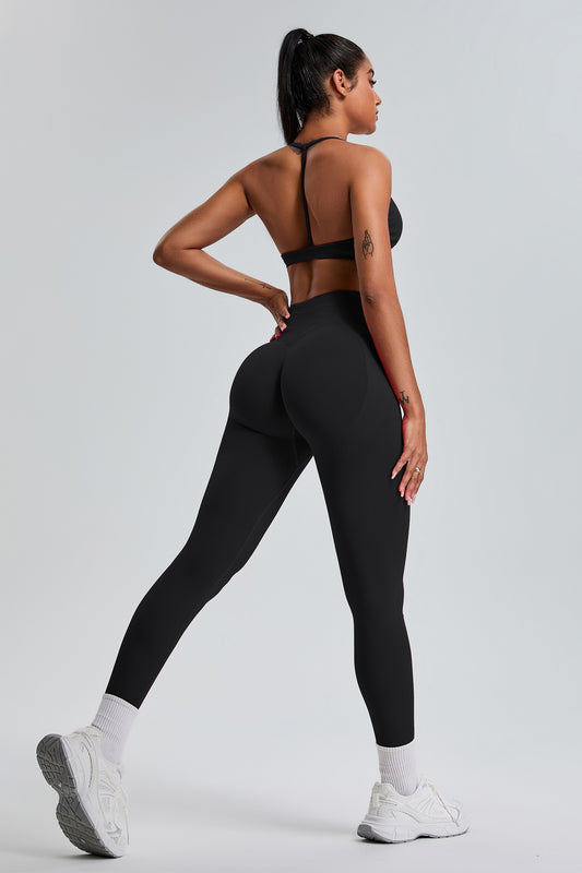 Sexy Seamless Sports Bras T-Shaped Back Hip Lifting Leggings Sets Black