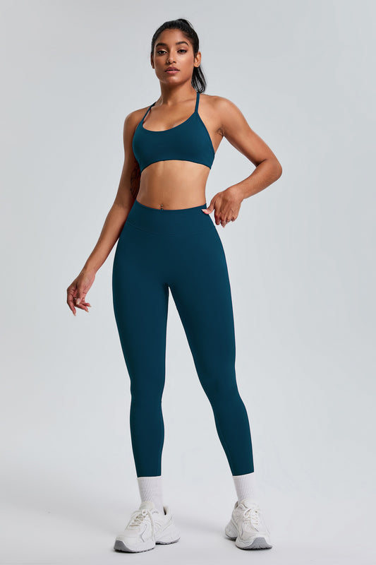 Sexy Seamless Sports Bras T-Shaped Back Hip Lifting Leggings Sets Dark Blue