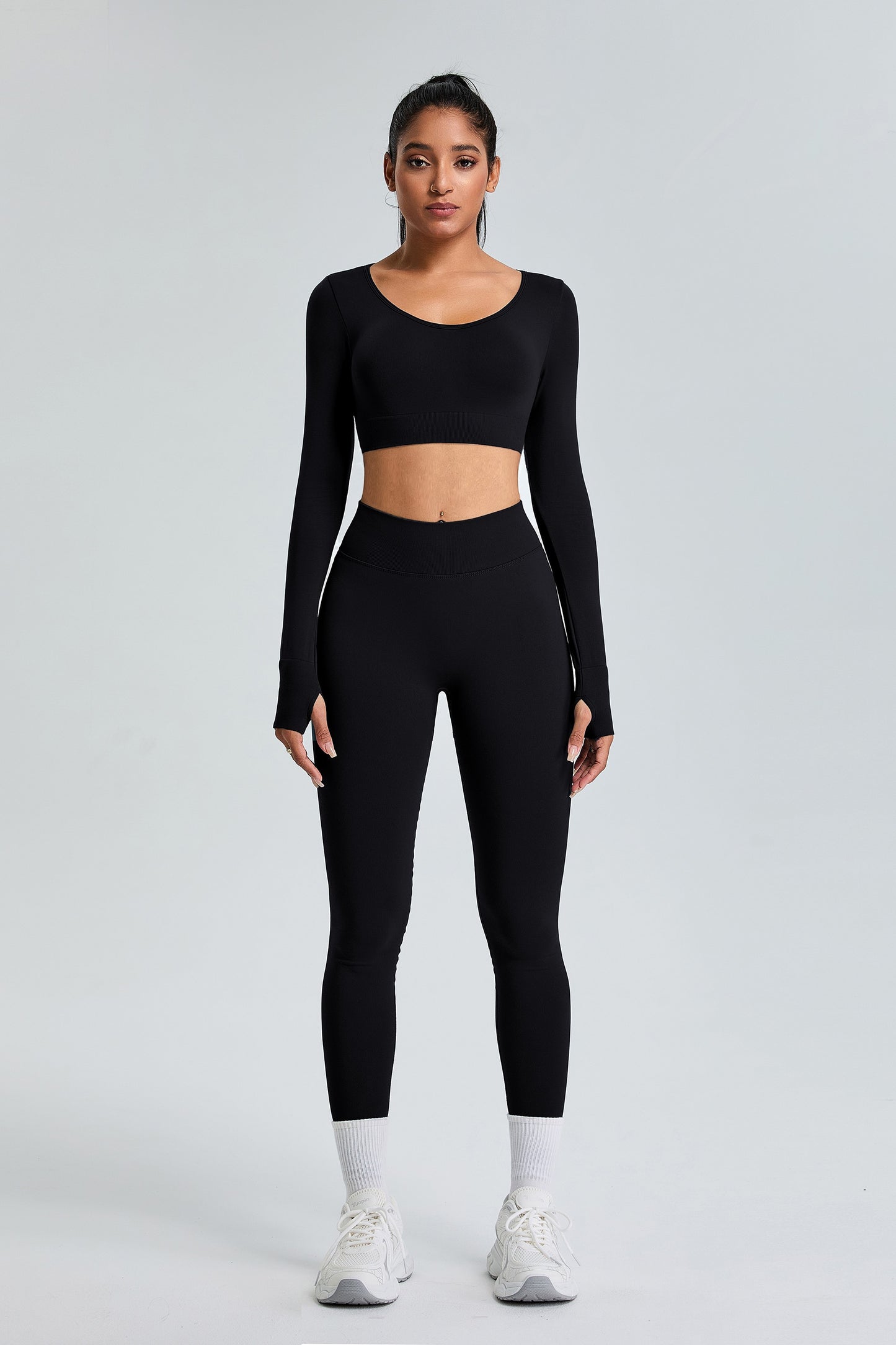 Seamless Long Sleeved T-shirt Breathable Quick Drying Yoga Tops Black