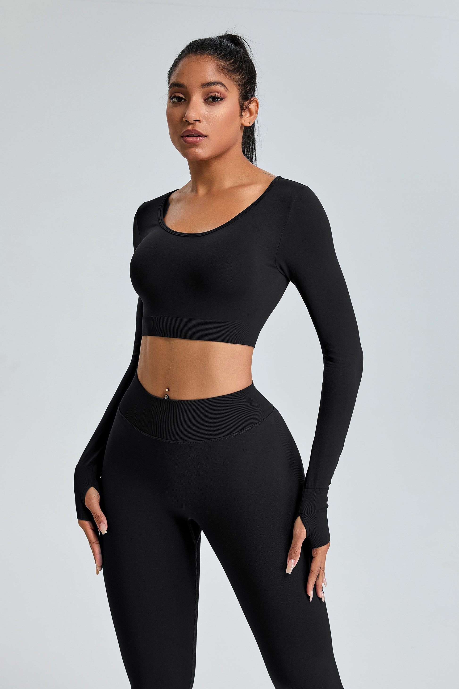 Seamless Long Sleeved T-shirt Breathable Quick Drying Yoga Tops Black